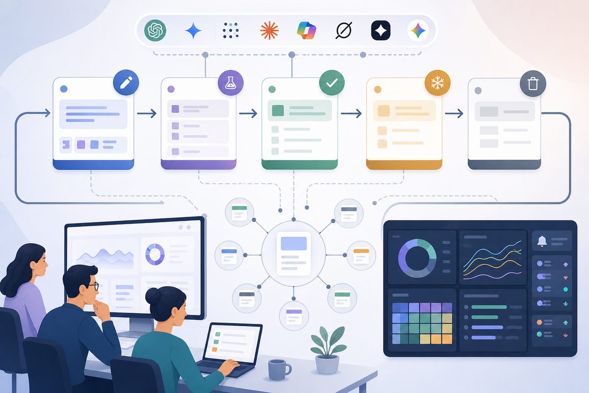 AI visibility prompt lifecycle from draft and experiment through active, frozen, and retired states