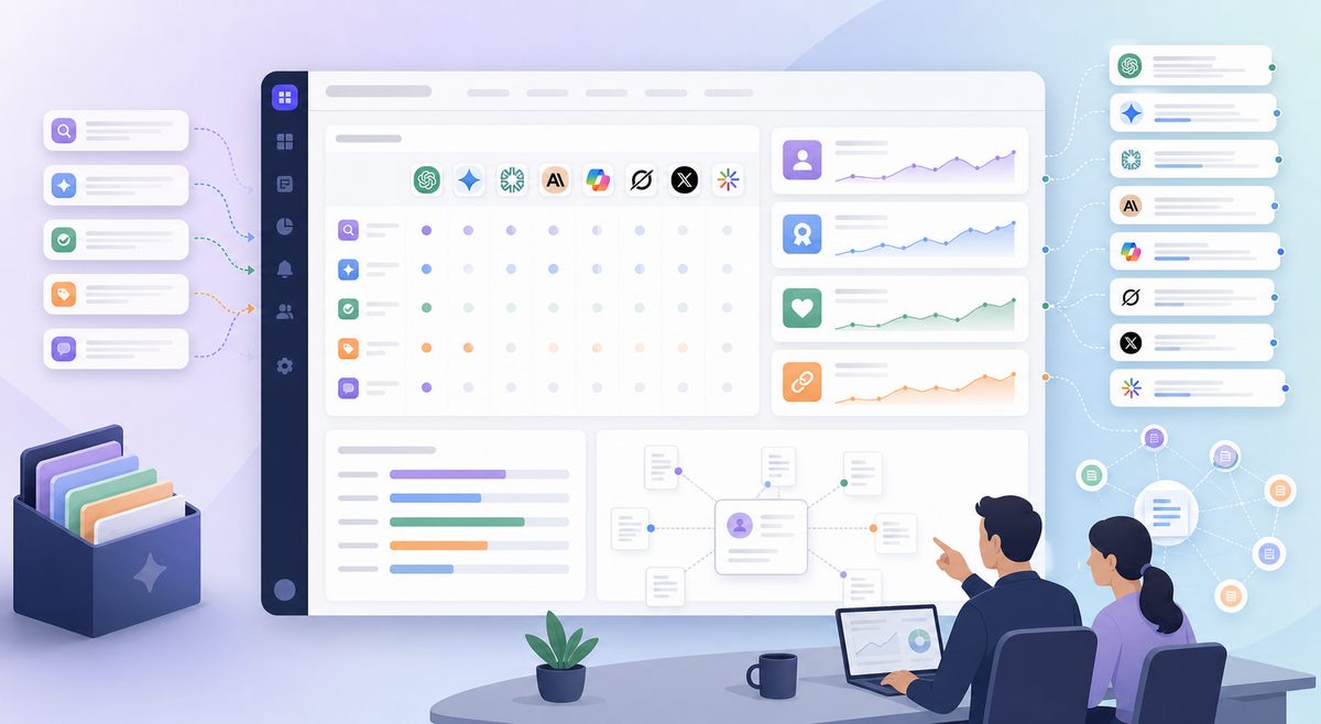 Illustrative AI visibility prompt library dashboard segmented by intent, answer engine, mention rate, recommendation rate, and citation rate