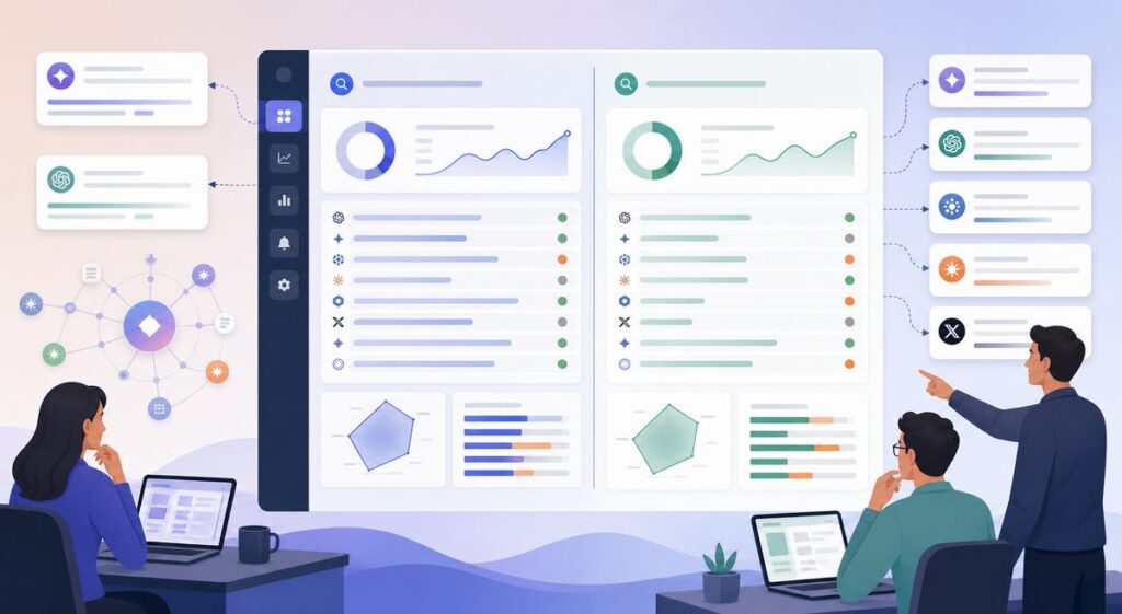 Dashboard comparing branded vs non-branded AI prompts by narrative accuracy and discovery rate