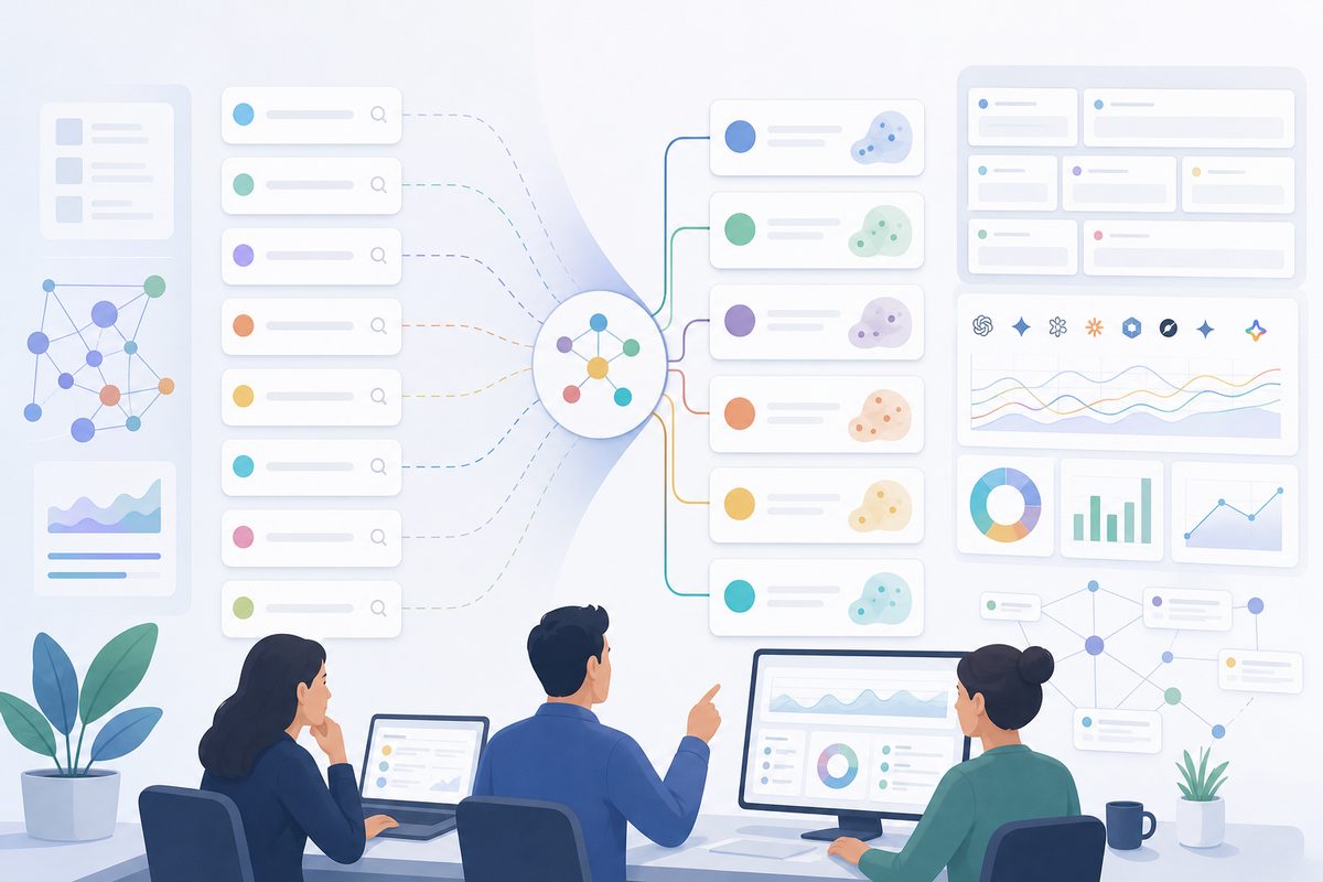 AI prompt deduplication worked example comparing eight prompts with six buyer-need clusters