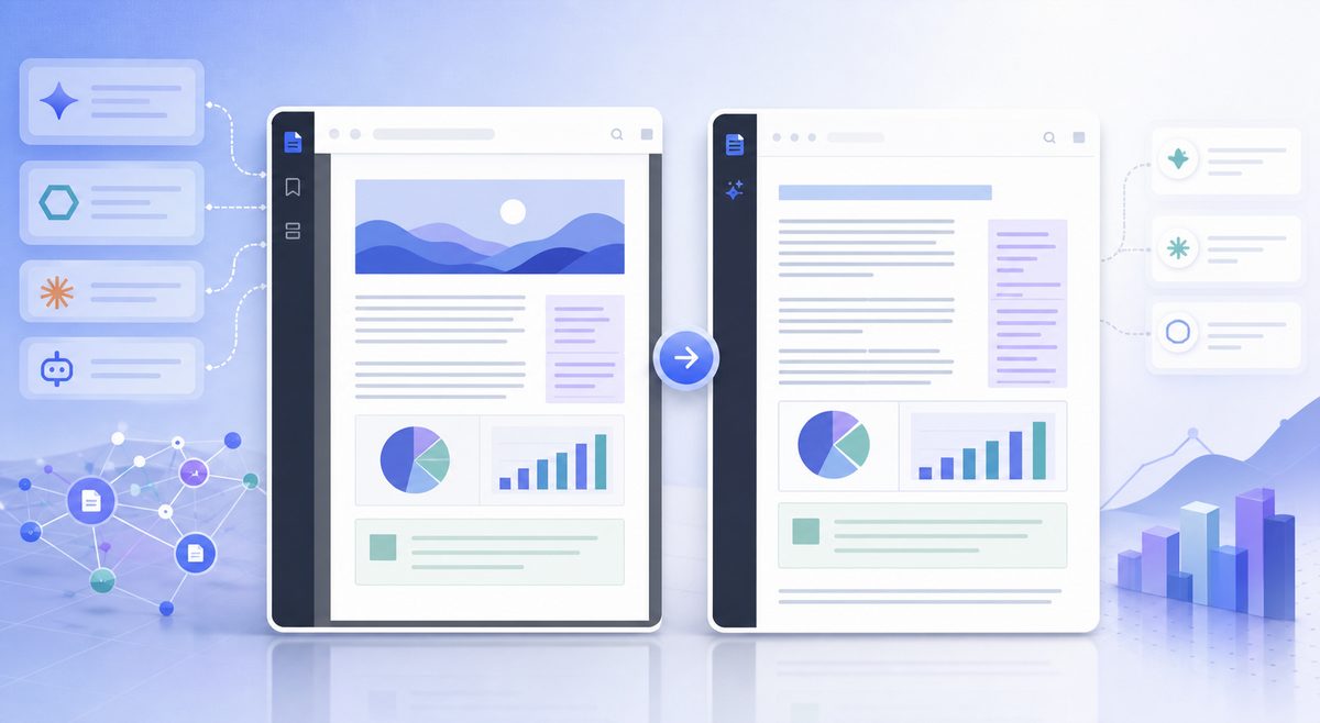 Side-by-side screenshot of a PDF page and its extracted text showing a corrected reading-order error