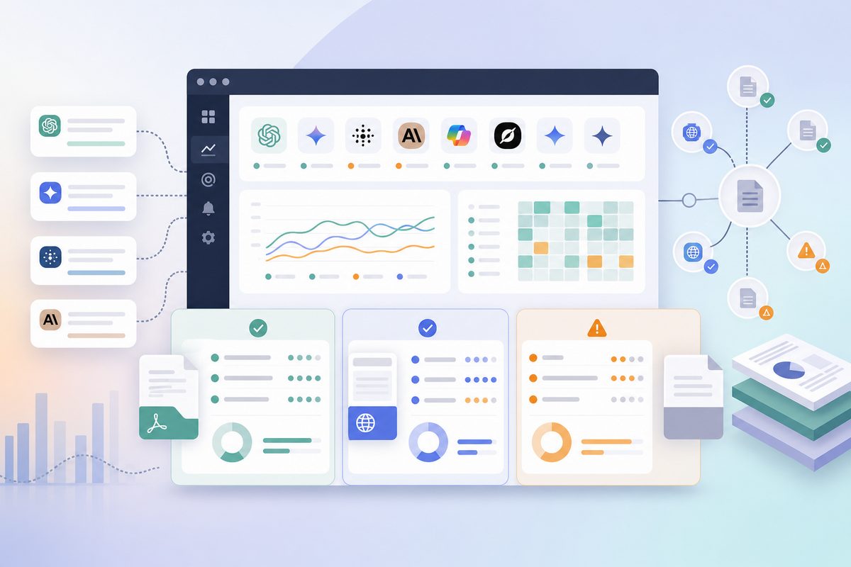 AI search monitoring dashboard comparing direct PDF citations, HTML citations, and attribution accuracy