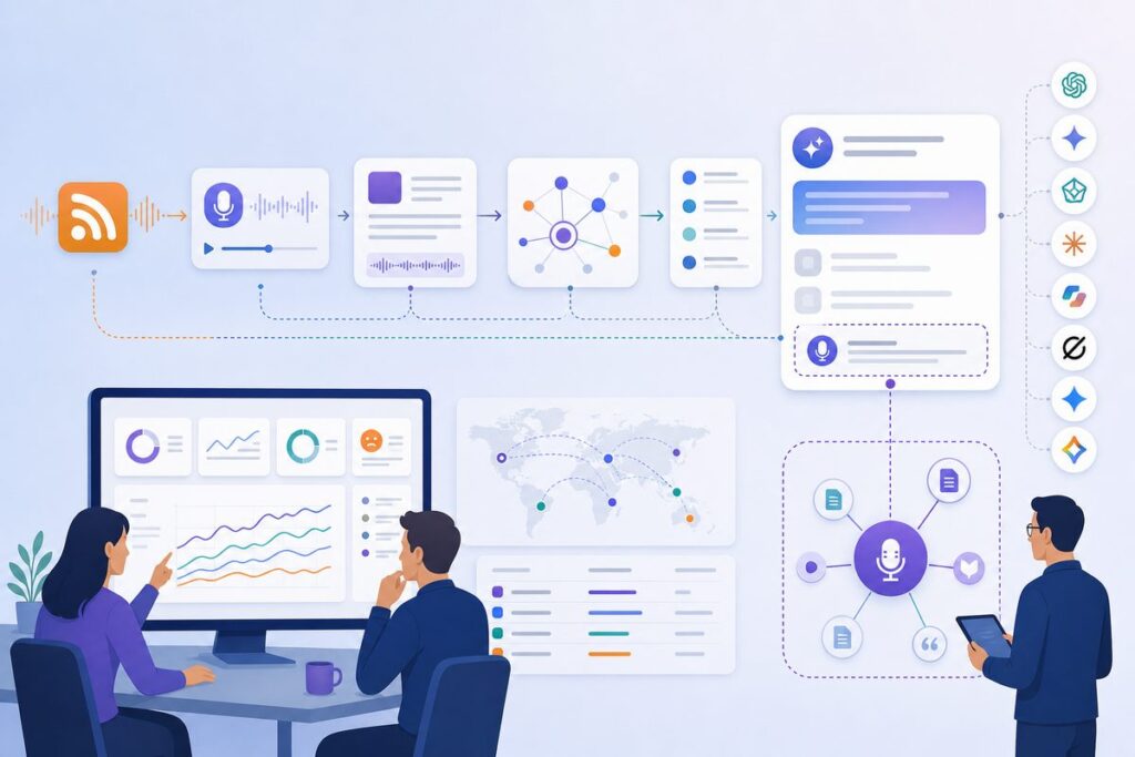 Podcast SEO for AI search TRACE discovery chain from RSS feed to attributed AI citation