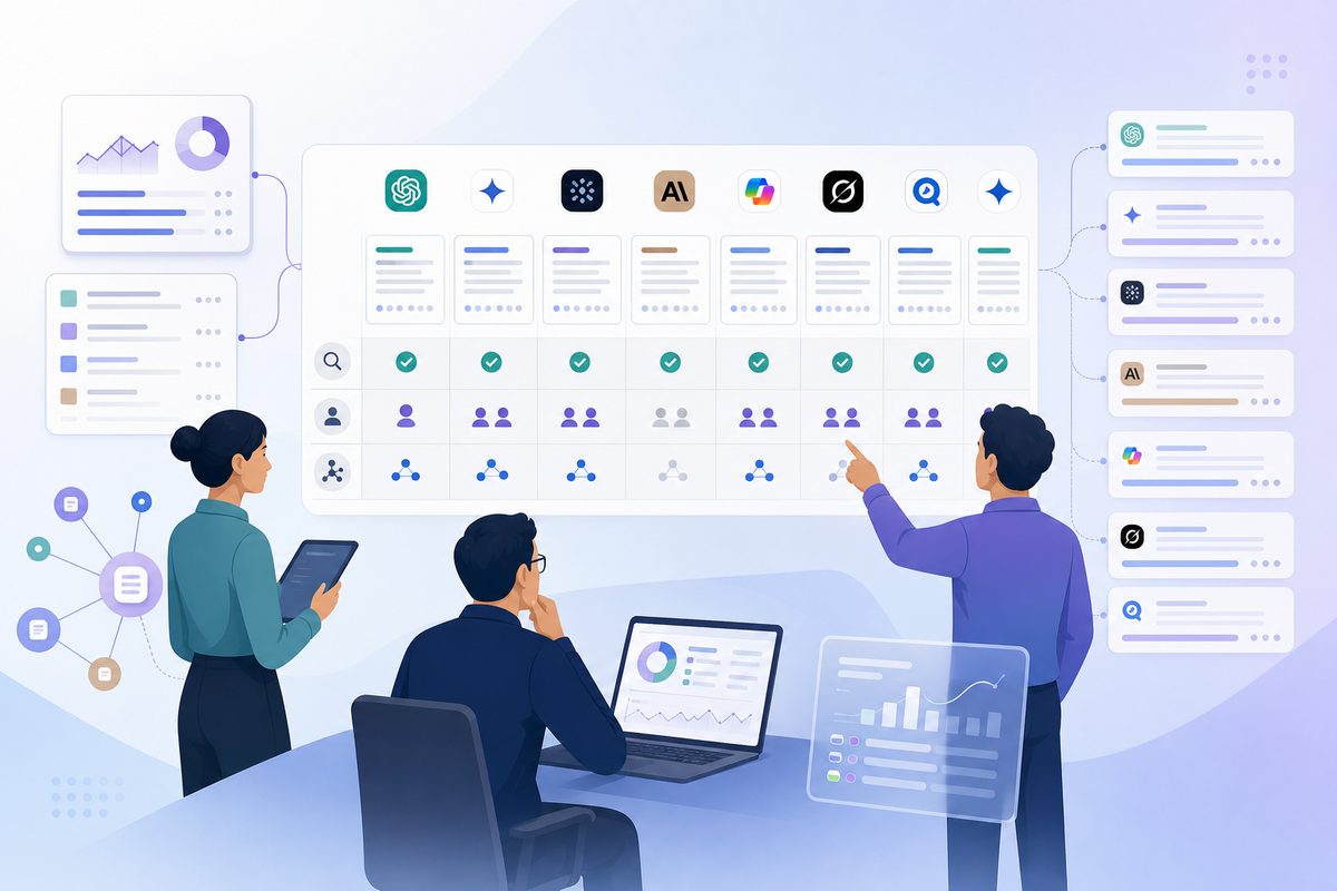 AI search monitoring worksheet comparing claim retrieval, speaker attribution, and citation destination across eight answer engines