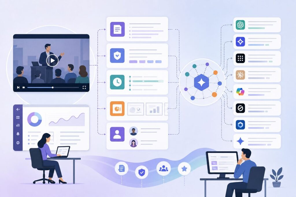 Webinar SEO for AI search evidence package connecting a replay, transcript, claims, timestamps, slides, and speaker profiles
