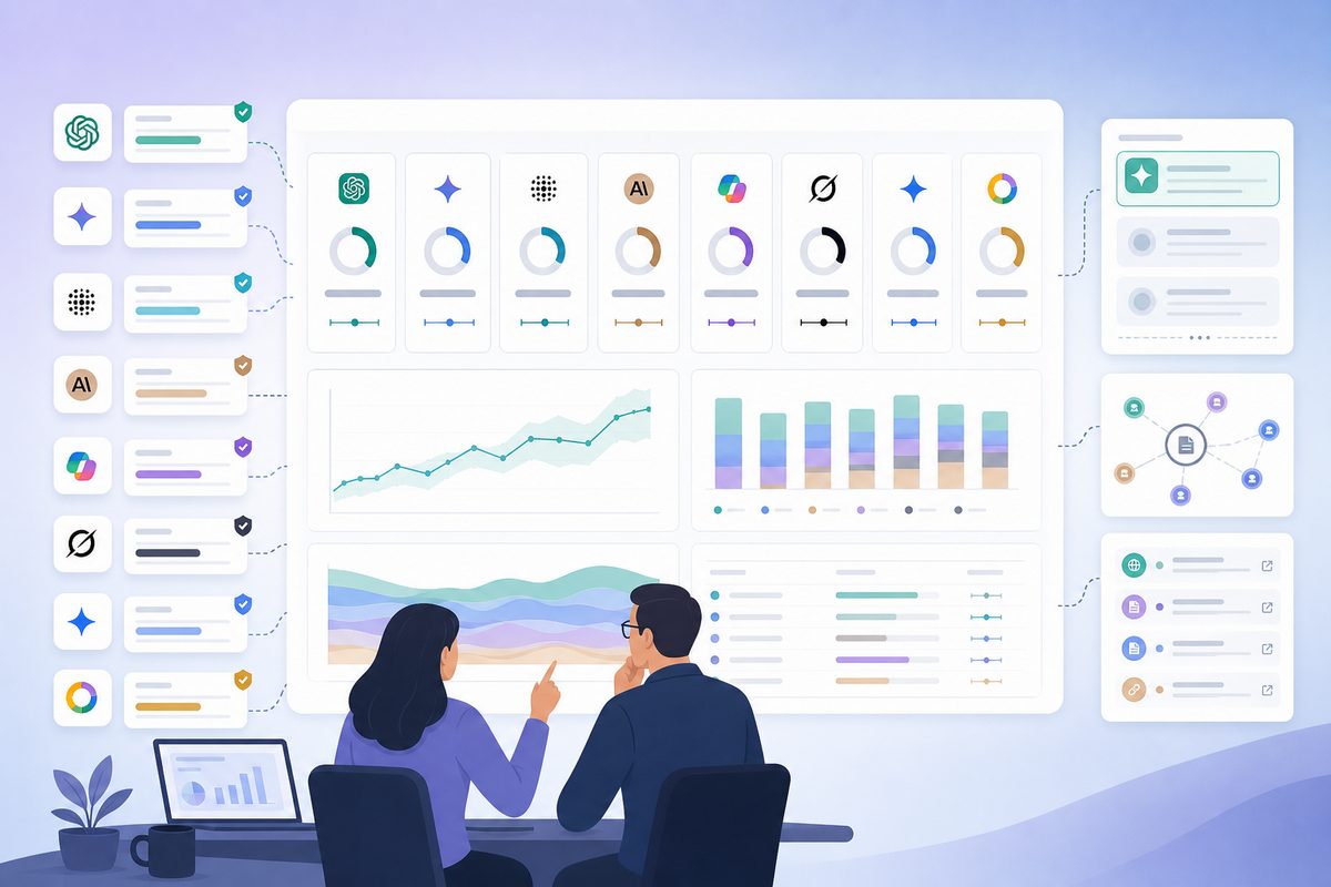 AI recommendation rate dashboard showing model segments, eligible response counts, confidence intervals, and links to source evidence