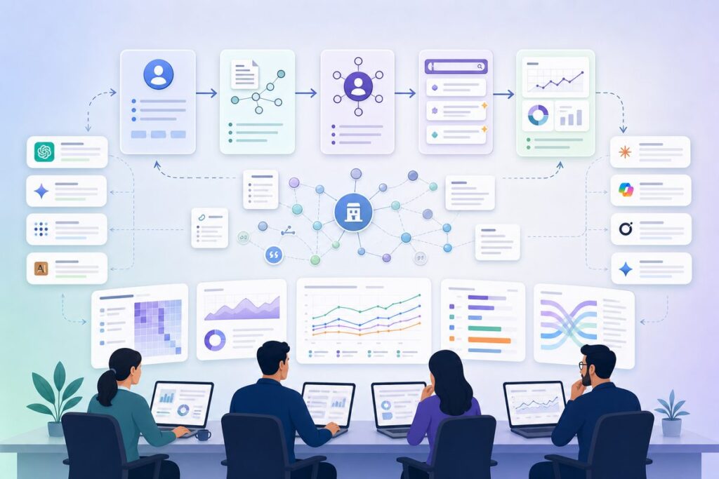 Brand entity optimization workflow connecting identity definition, corroborating evidence, disambiguation, AI answer tests, and monitoring