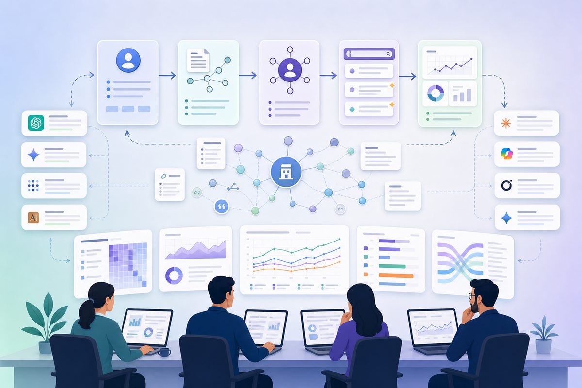 Brand entity optimization workflow connecting identity definition, corroborating evidence, disambiguation, AI answer tests, and monitoring