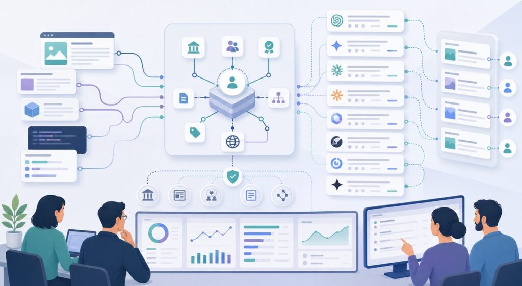 Organization schema for AI search evidence model showing structured declarations, site consistency, and external corroboration