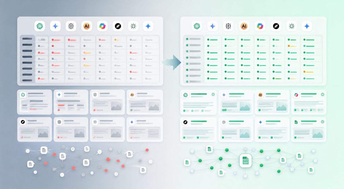 Before-and-after scorecard for testing Organization schema for AI search across eight answer engines and twelve fixed prompts
