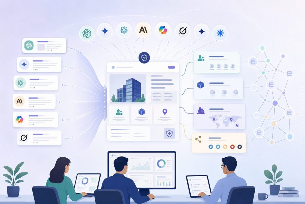 Entity home SEO diagram showing one canonical company page reconciling names, ownership, products, locations, and official profiles
