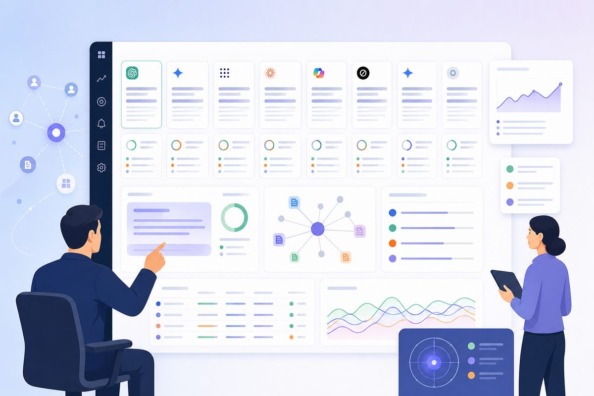 Screenshot layout for comparing entity facts, AI answers, citations, and reconciliation scores across multiple answer engines