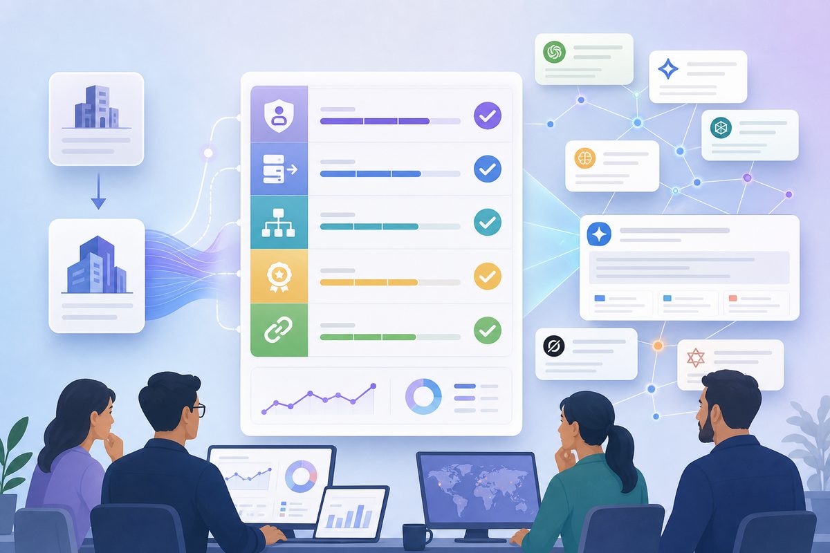 Rebrand AI search visibility scorecard showing canonical identity, technical transfer, structured identity, external corroboration, and answer continuity