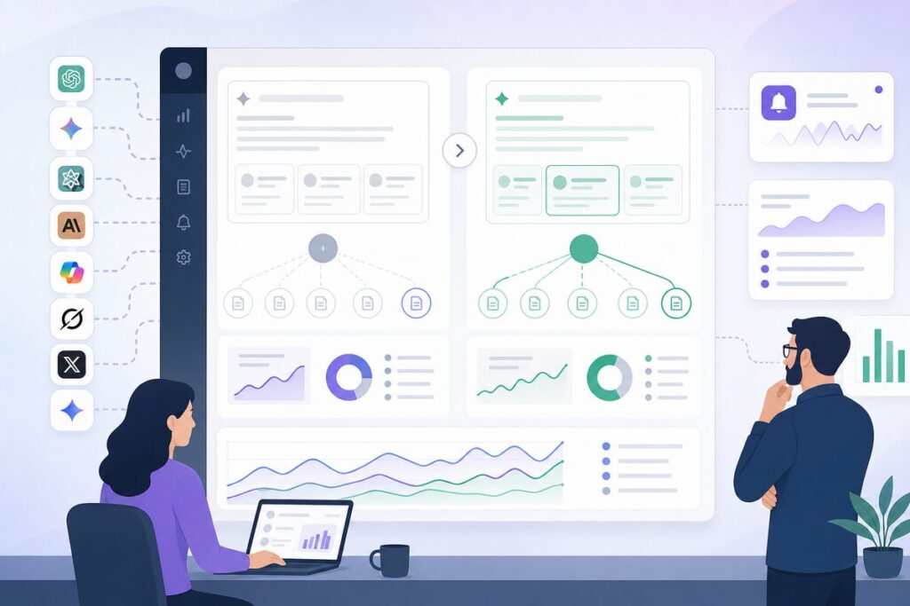 AI search monitoring dashboard comparing citations before and after a rendering deployment