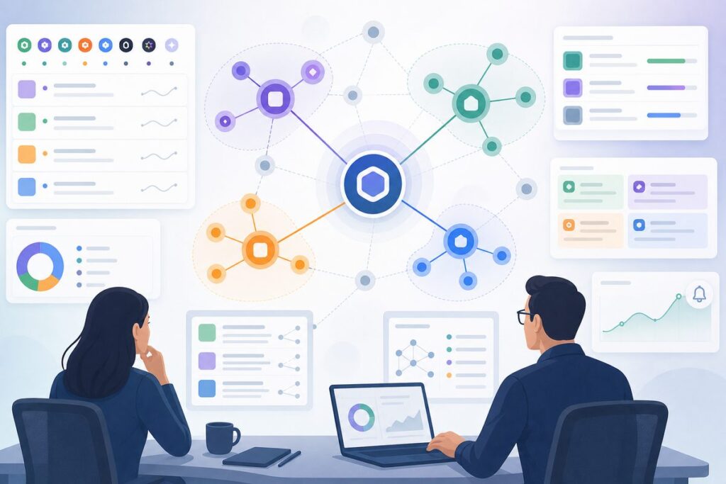 Brand co-mention analysis network showing substitute, complement, category-leader, and challenger relationships