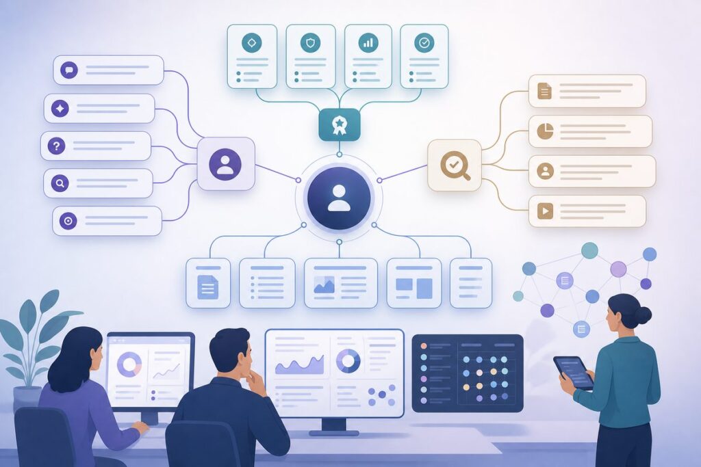 AEO topic clusters map connecting buyer prompts, buyer problems, proof requirements, and supporting pages