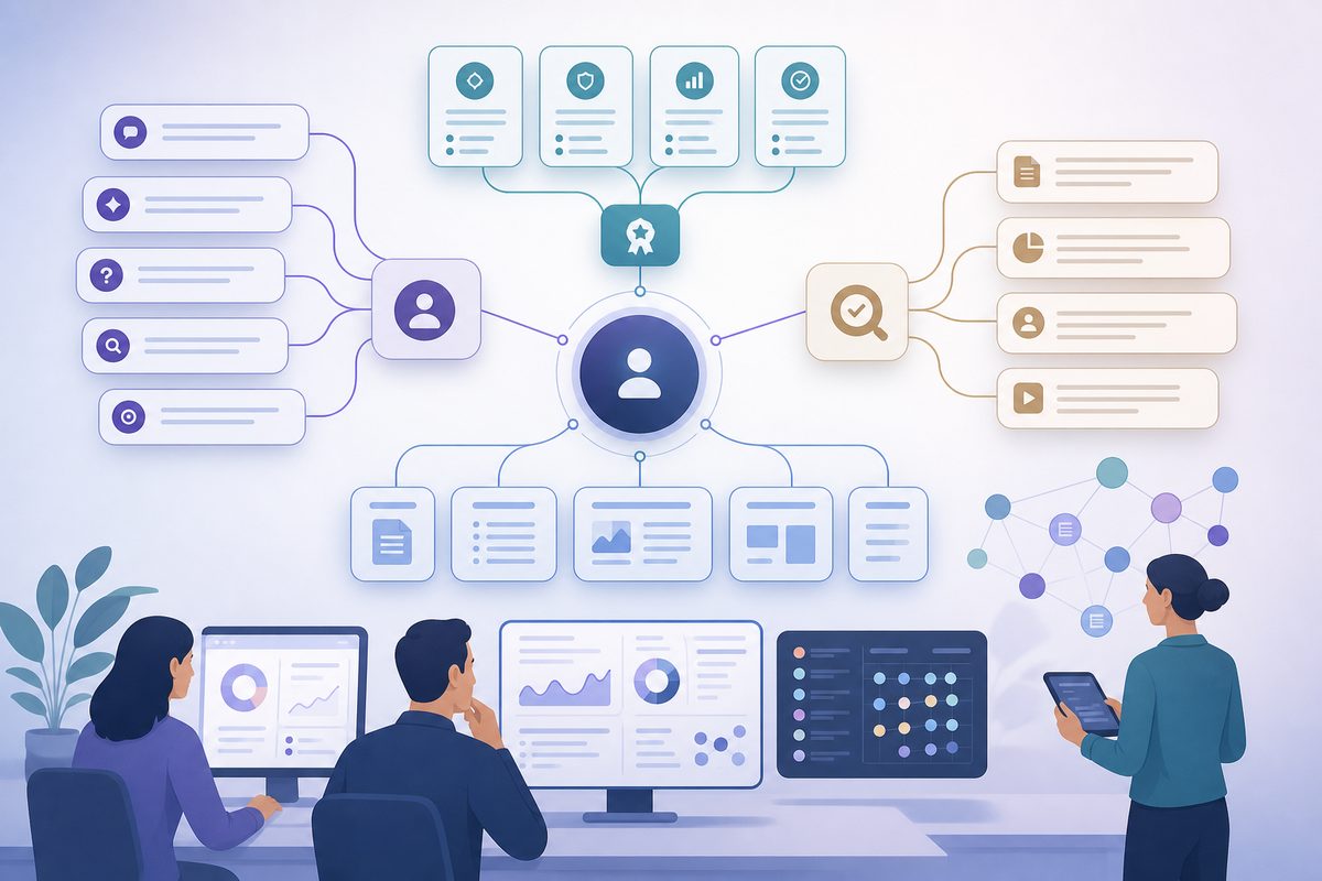 AEO topic clusters map connecting buyer prompts, buyer problems, proof requirements, and supporting pages