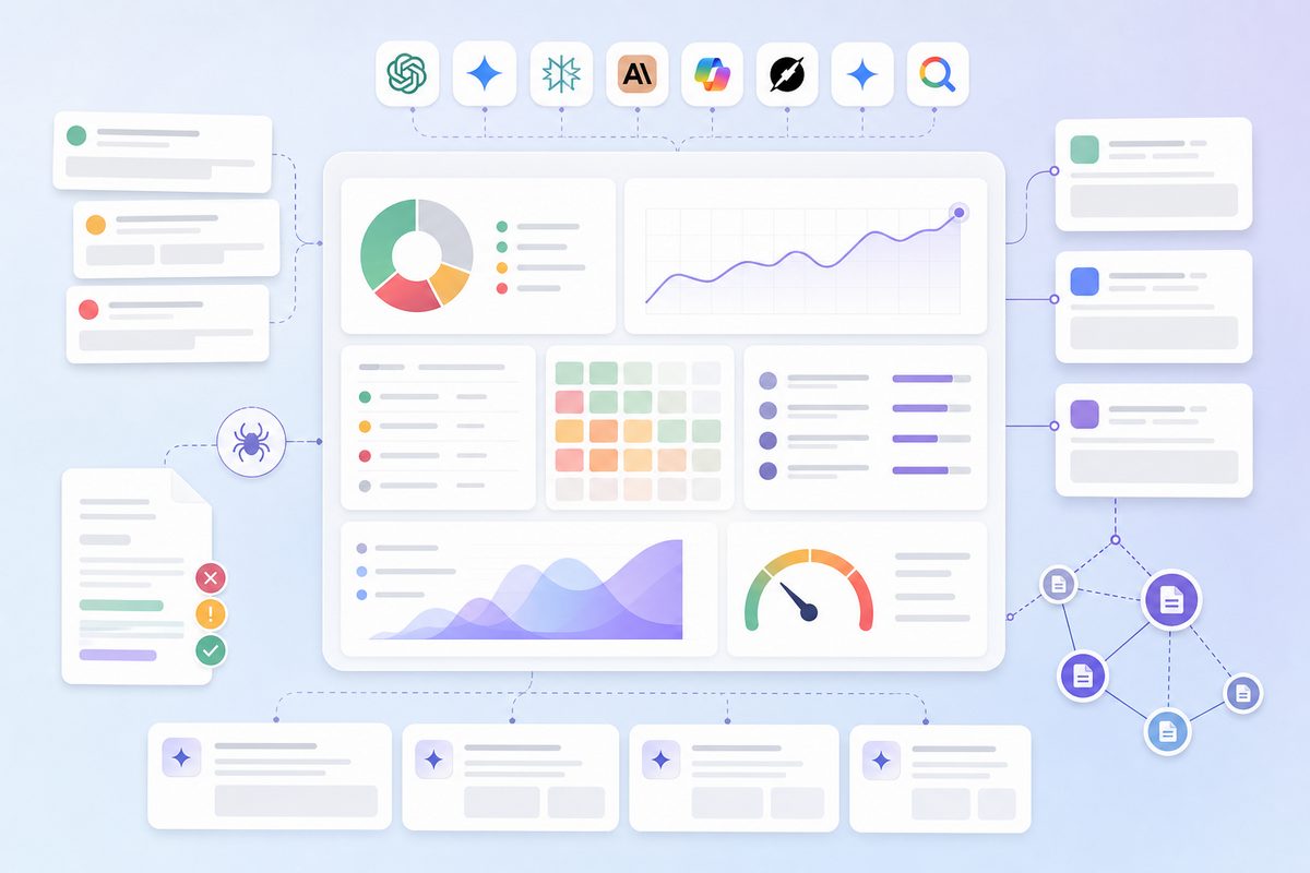 AI visibility dashboard mockup joining crawl status, prompt gaps, competitor citations, and Retrieval Recovery Scores