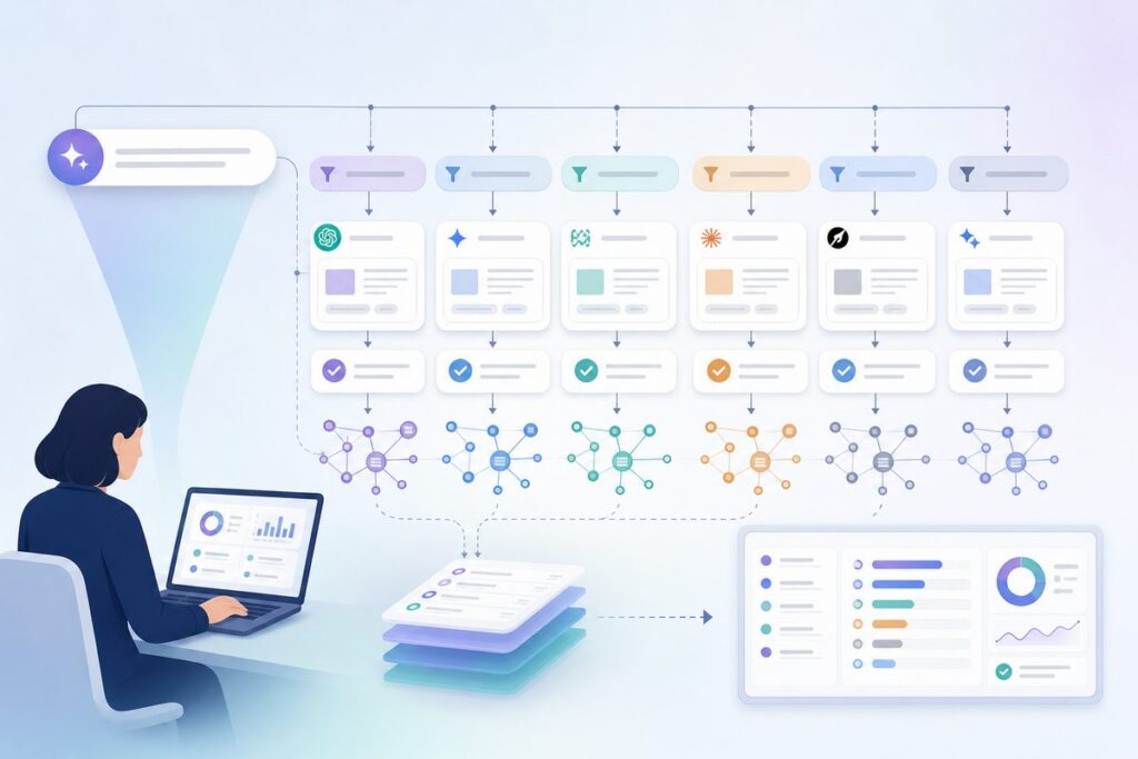Diagram showing feature-based AI recommendations: a "which tools have X" prompt fanning out into feature-filtered sub-queries that each retrieve and verify evidence