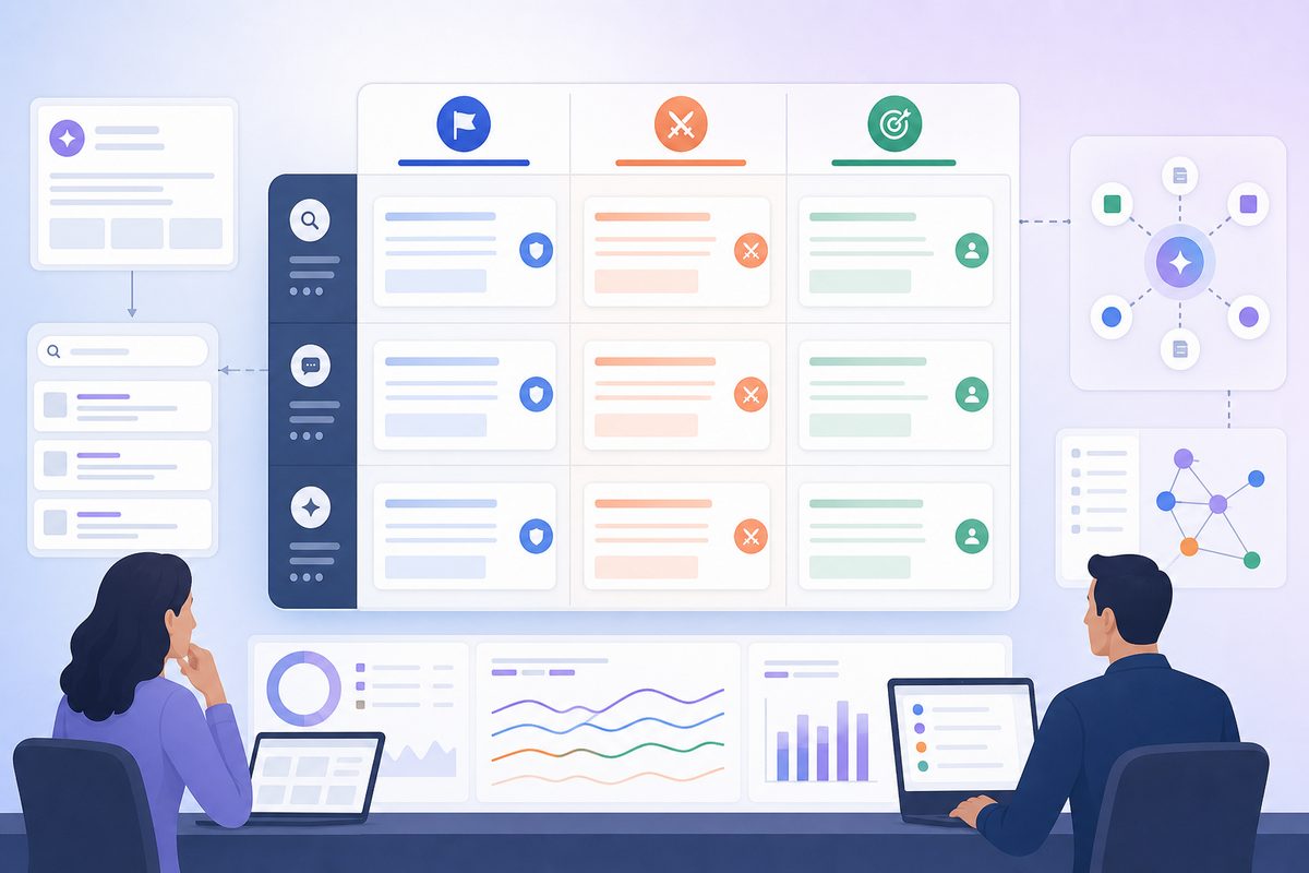 The 3C framework grid mapping query types to Concede, Contest, or Convert plays for AI Overviews