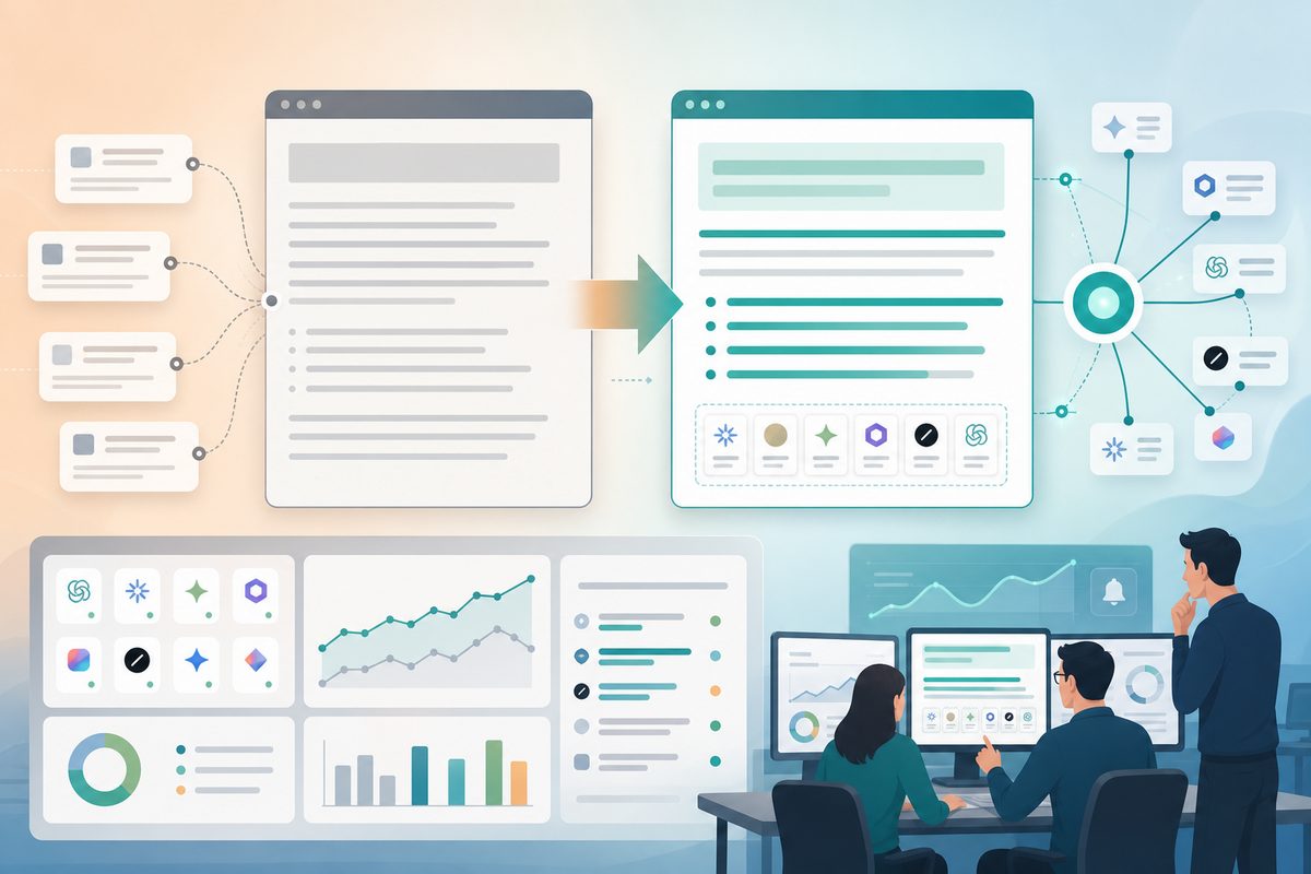 Before and after screenshot showing a vague SaaS passage rewritten into a self-contained answer that AI Overviews can quote