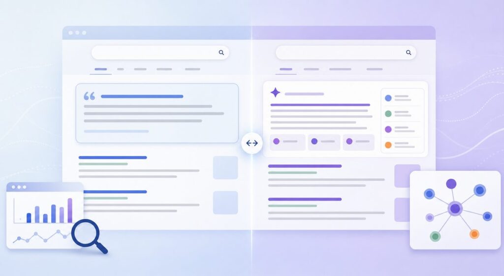 AI Overviews vs featured snippets shown side by side on a Google results page, one a single quoted box and one a synthesized answer with a source panel