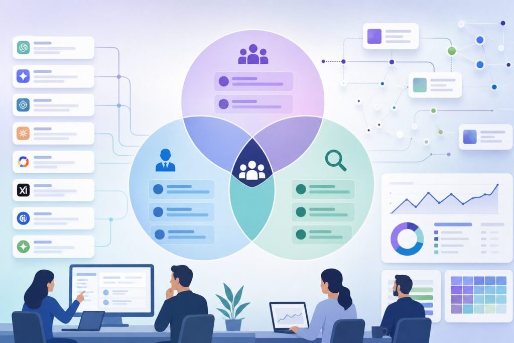 Venn diagram reconciling the AI-native competitive set with sales and market-research competitor lists across three segments