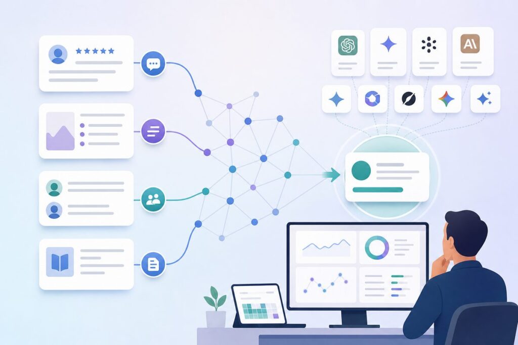 Diagram showing off-site signals for AI search — reviews, listicles, community threads, and reference pages converging into one brand recommendation