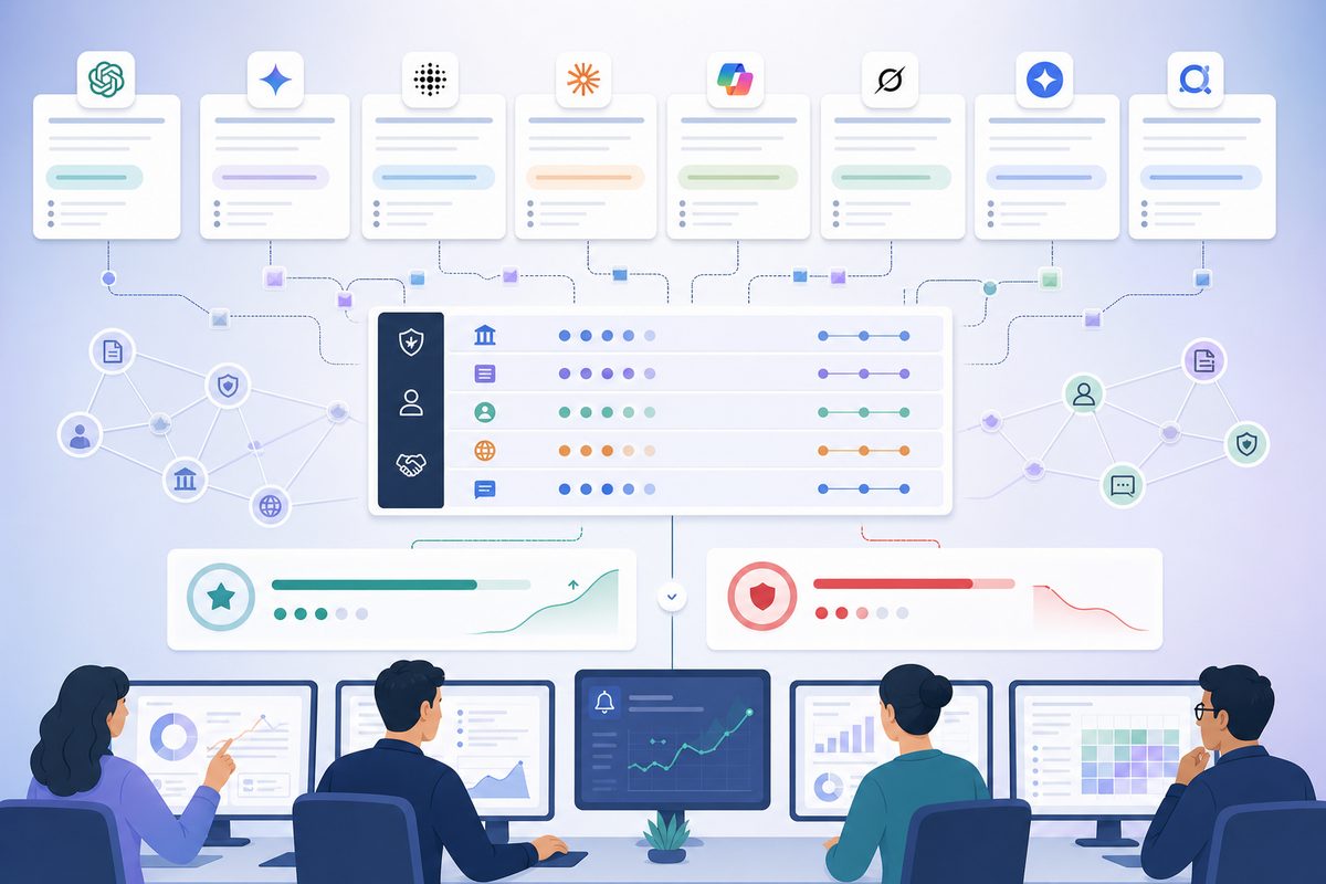 The Corroboration Ledger framework scoring independent sources by trust, independence, and agreement, with a brand-versus-competitor gap