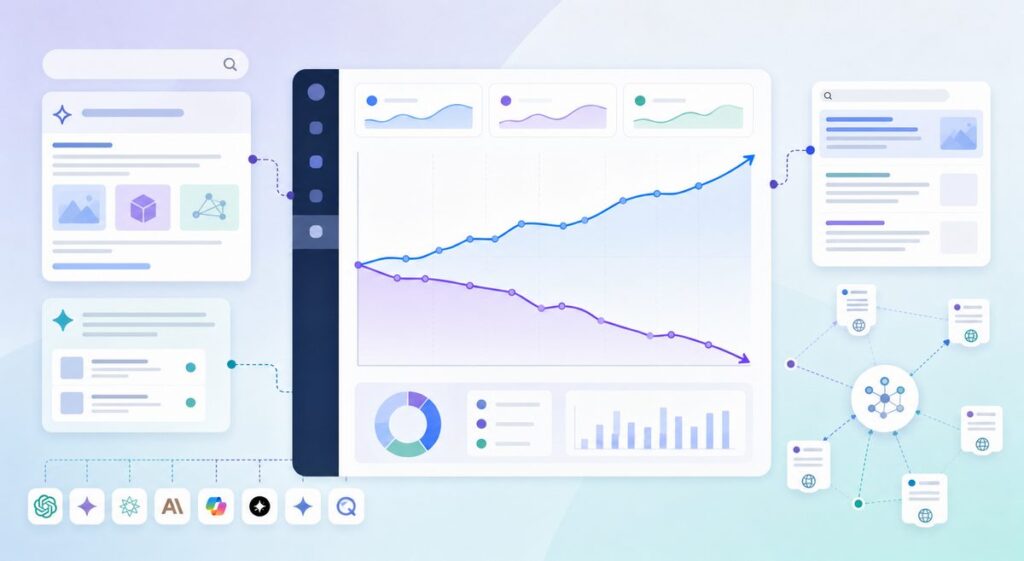 Line chart showing Google Search Console impressions rising while clicks fall, the visual signature of AI Overviews traffic loss