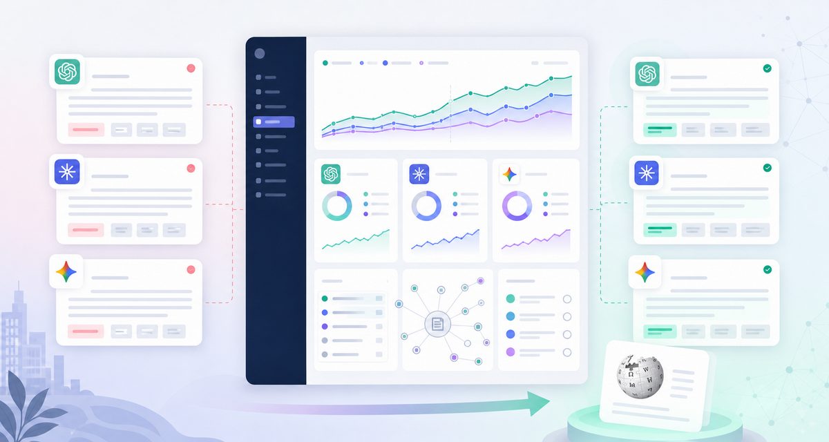 MaxAEO dashboard tracking brand share of voice across ChatGPT, Perplexity and Google AI Overviews before and after a Wikipedia page went live