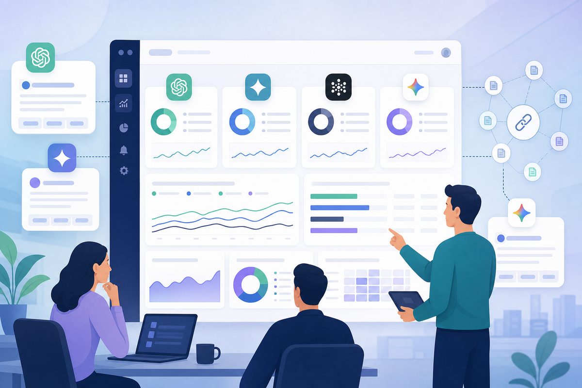 AI search monitoring dashboard showing brand citation rate, mention rate, and share of voice across ChatGPT, Perplexity, Gemini, and Google AI Overviews