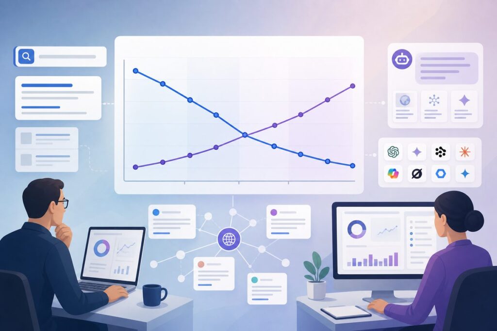 Line chart answering does SEO still matter: Google click-through rate falling while AI citations rise across engines, 2024 to 2026