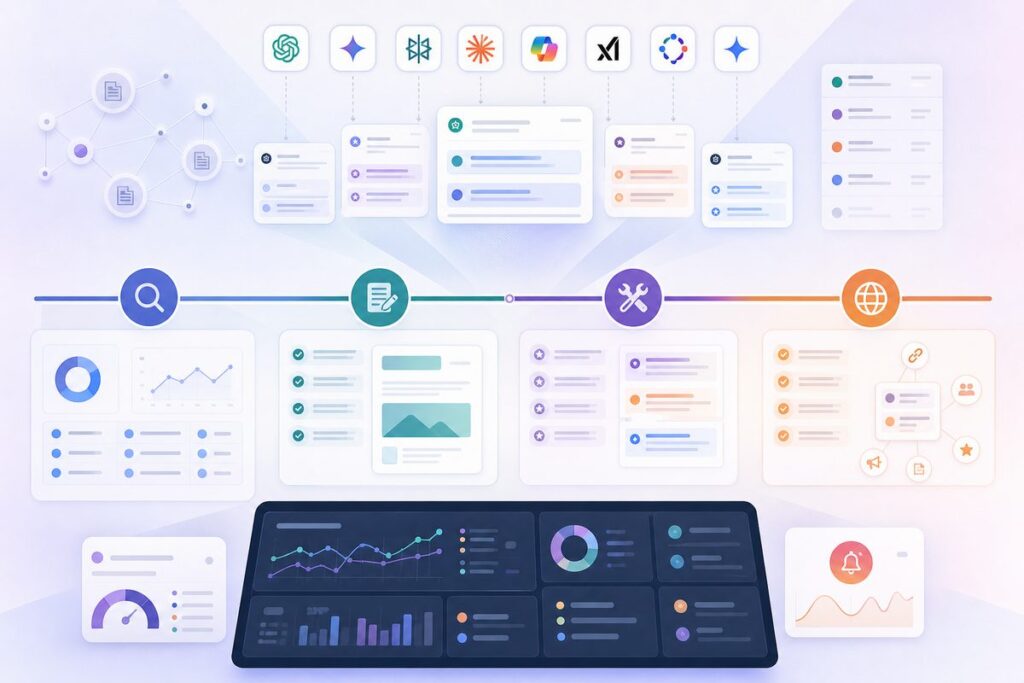 AEO checklist for a 30-day AI search visibility starter plan, laid out as a four-week timeline from baseline audit to off-site signals
