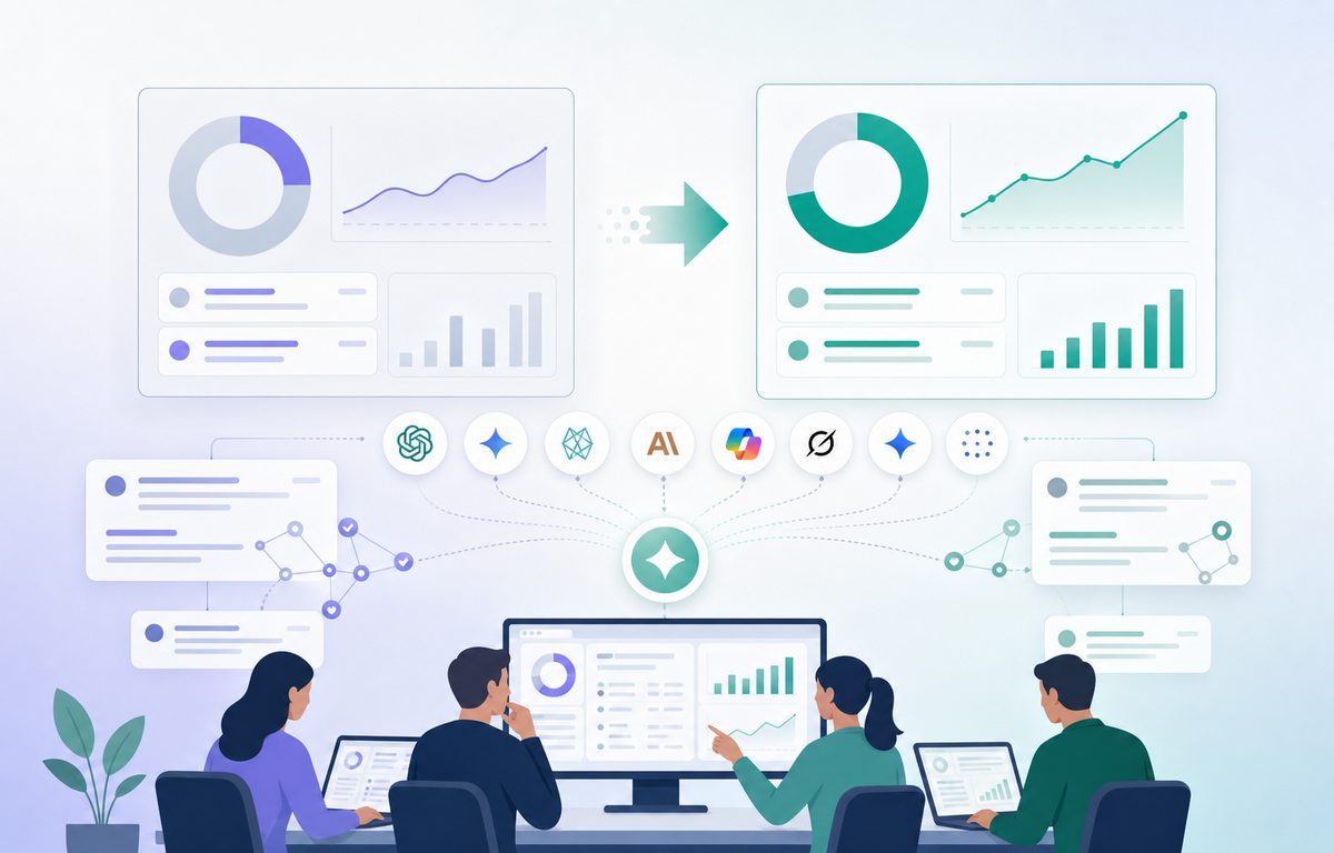 Before-and-after AI share of voice over 30 days for an example B2B SaaS brand, showing mention rate rising from 15 to 45 percent
