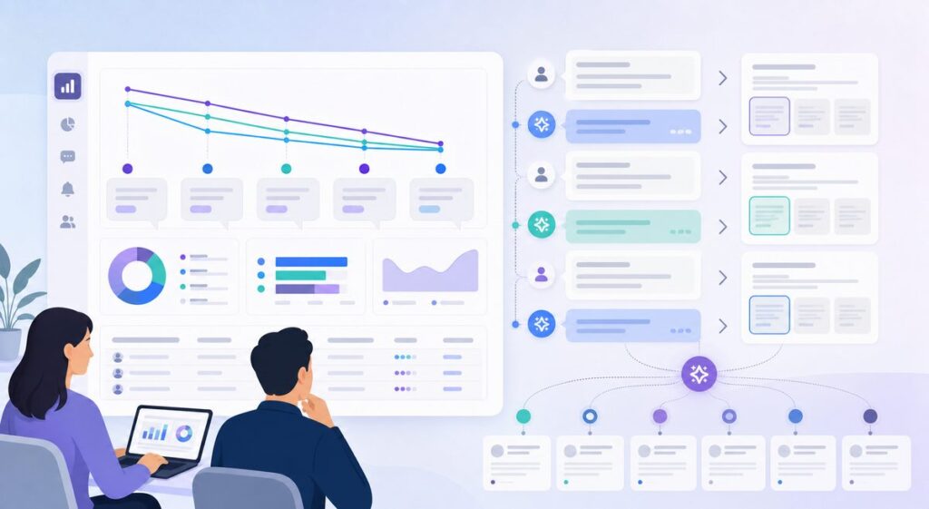 Conversation-level AI visibility metrics dashboard plotting first-mention turn, turn survival rate and final-recommendation share across a five-turn chat