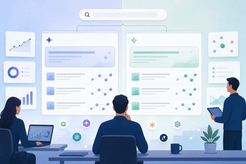 Split-screen Google AI Mode visibility comparison showing AI Mode and AI Overviews returning different cited sources for the same buyer prompt