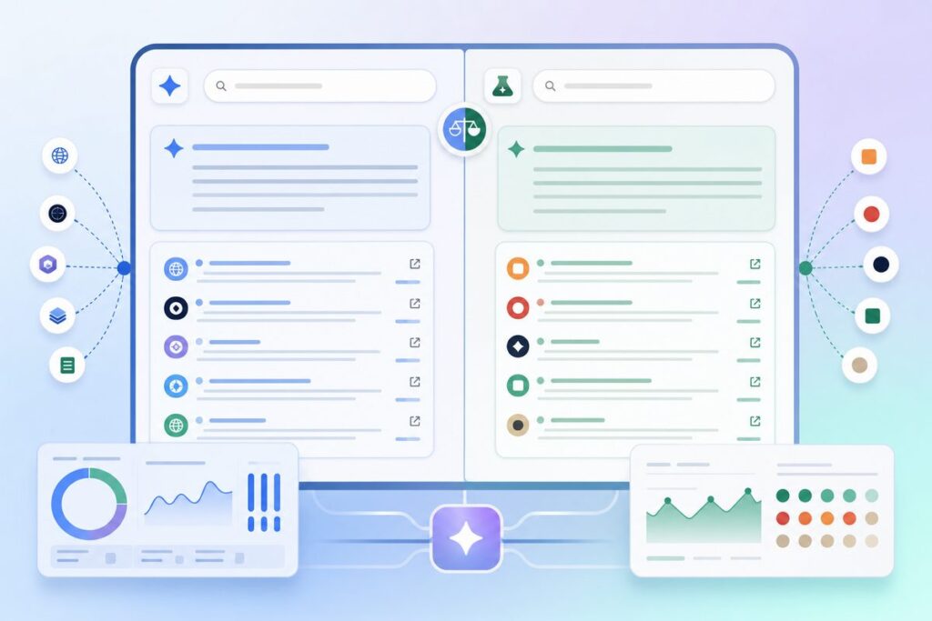 Side-by-side screenshot comparing AI Mode vs AI Overviews source panels for the same query, showing largely different cited domains