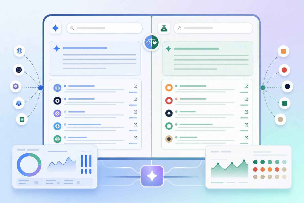 Side-by-side screenshot comparing AI Mode vs AI Overviews source panels for the same query, showing largely different cited domains