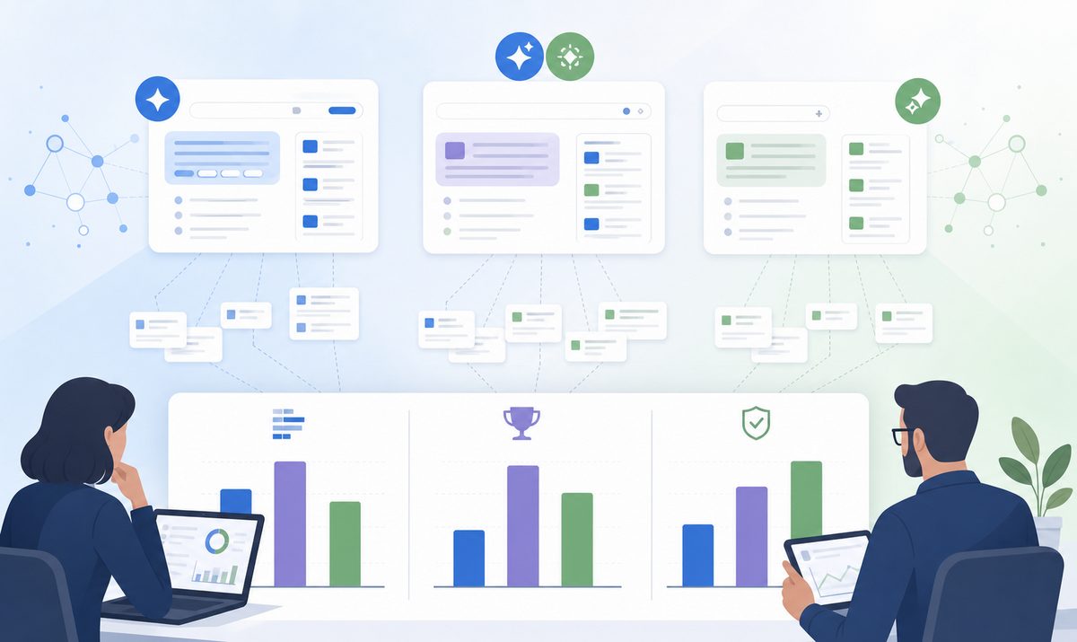 Bar chart comparing answer density, lead-answer placement and third-party corroboration across double-winner, AI Mode-only and AI Overviews-only page cohorts