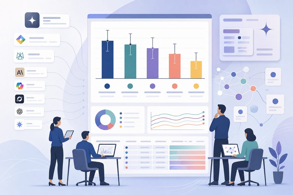 Quarterly AI share of voice report showing mention rate with confidence intervals for five competing brands