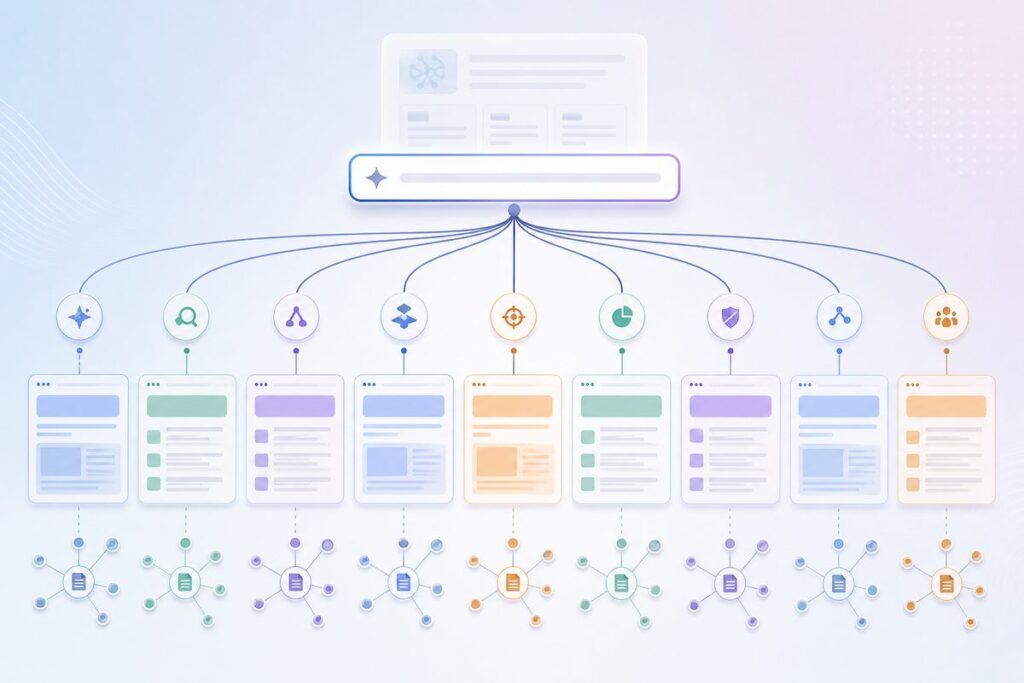 Diagram of a content strategy for AI Mode showing one parent prompt fanning out into nine sub-queries, each matched to either a hub section or a spoke page
