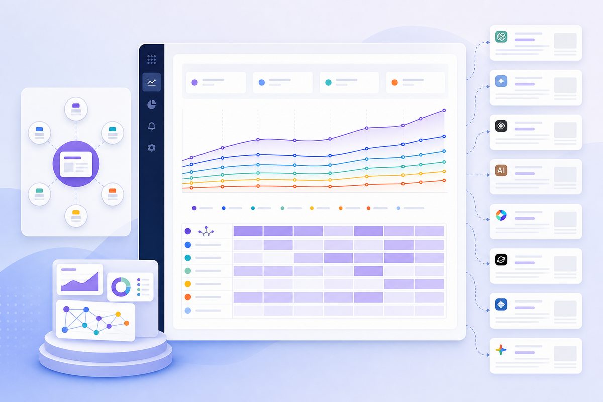 Citation tracking dashboard showing weekly AI Mode citations per URL for a hub page and its six spoke pages across an eight-week measurement window