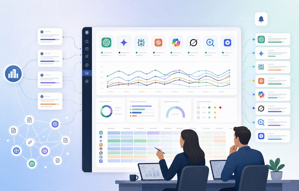 Screenshot of an AI visibility tool dashboard tracking brand mentions across eight AI engines over time
