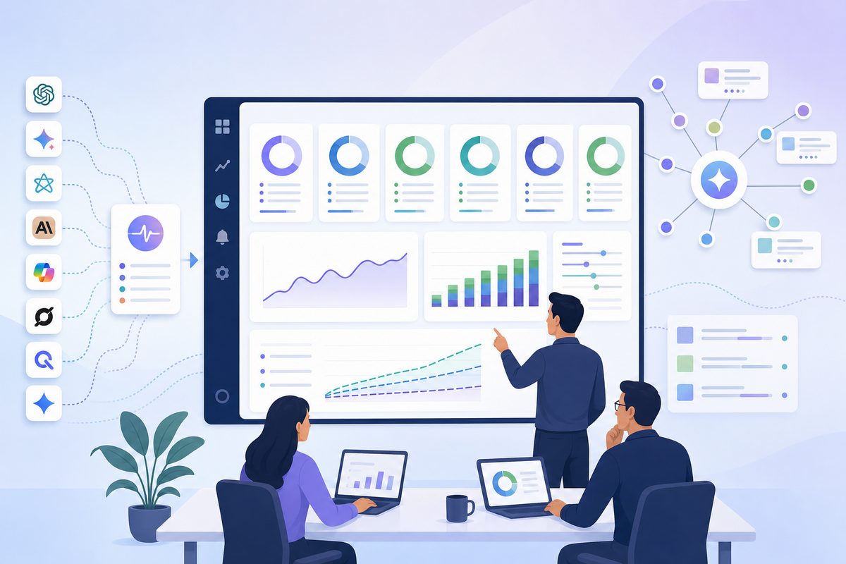 Illustrative executive dashboard showing recommendation rate, citation rate, attributed gross profit, expected pipeline contribution, program cost, and GEO ROI scenarios