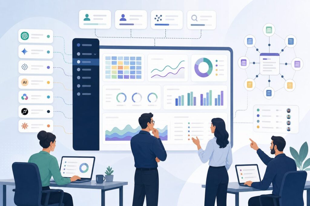 Enterprise GEO strategy dashboard showing prompt cohorts, recommendation rate, AI share of voice, citations, and issue ownership