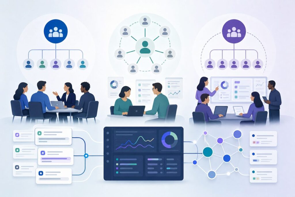 GEO team structure comparison showing centralized, embedded, and center-of-excellence ownership