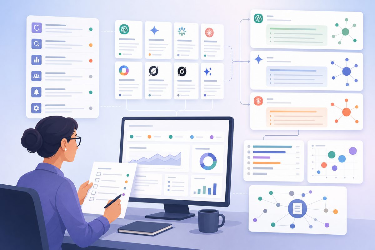 Analyst validating an AI visibility RFP template against raw answers, citations, and exported calculations