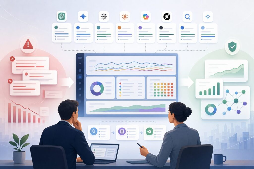 Executive GEO business case showing AI discovery gaps, commercial risk, interventions, and measurable outcomes