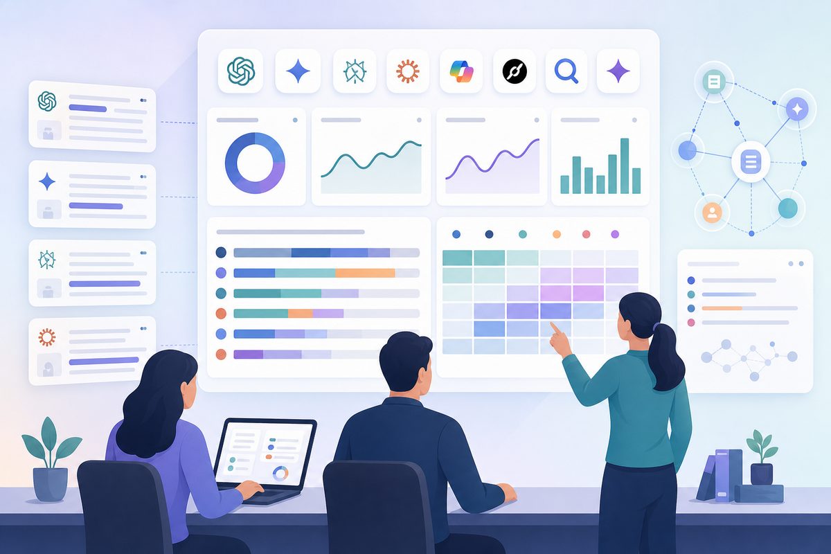 AI search monitoring dashboard comparing recommendation rate, AI share of voice, description accuracy, and citations by engine